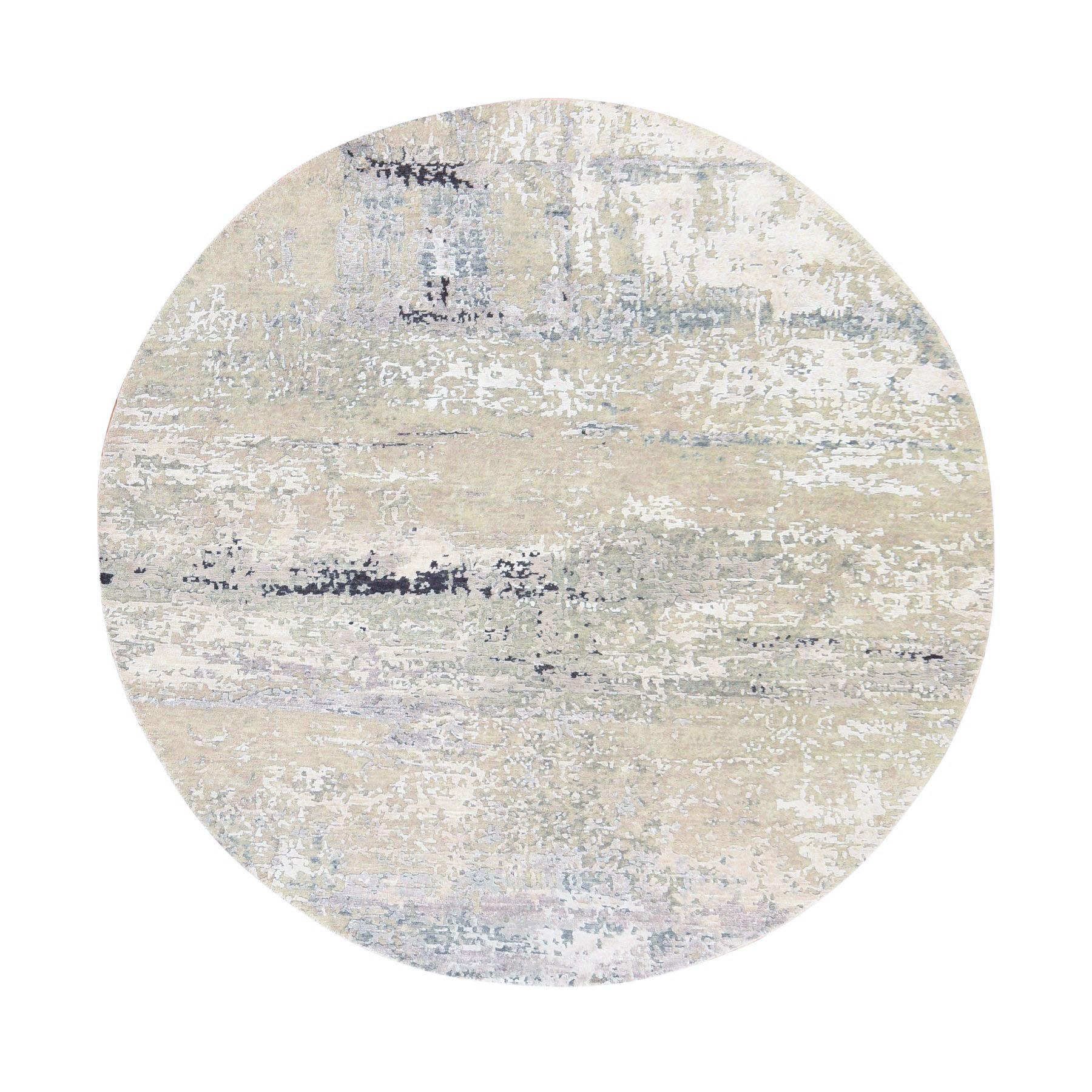 6'x6' Beige-Gray, Modern Abstract Design, Hand Knotted, Wool & Silk, Hi-Low Pile, Round, Oriental Rug 